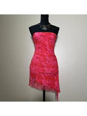 Pink Floral Mesh Y2K Ruched Strapless Fairycore Mini Dress